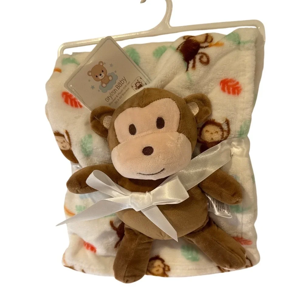 Stylish Baby Monkey Blanket and Plush Newborn Gift Set Brown White 30x40 NWT